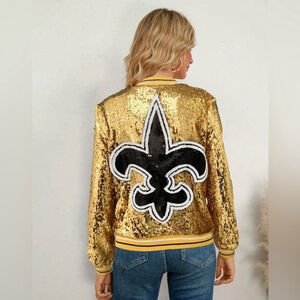 Gold Sequins Fleur De Lis Bomber Jacket
